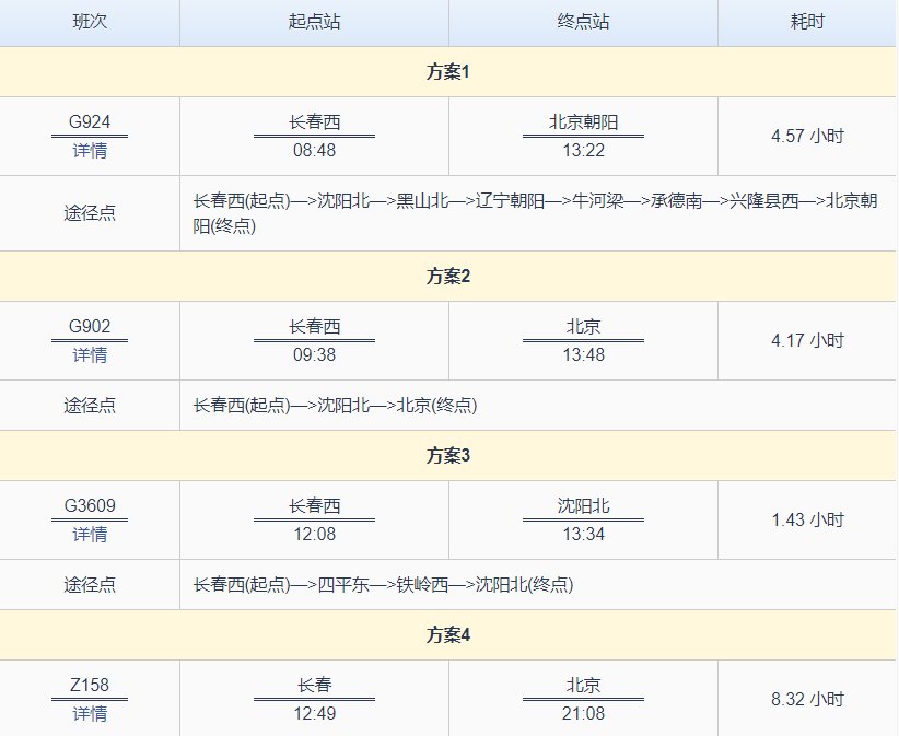 长春到北京火车时刻表查询